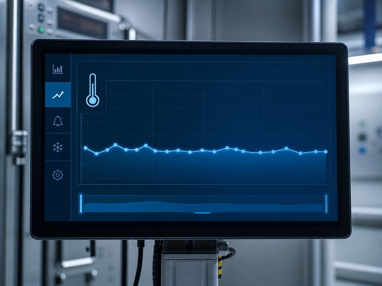 Tela industrial com gráfico azul de variação de temperatura.